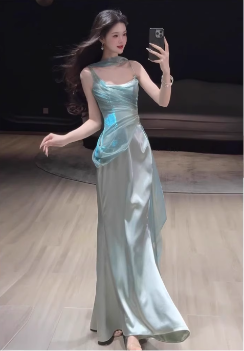 Elegant Aqua Spaghetti Strap Prom Dress Satin Evening Gown Sheath Party Dress Long Formal Dress DP6813