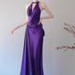 Elegant Purple V-neck Prom Dress Satin Evening Gown Sheath Party Dress Trailing Long Formal Dress DP6814