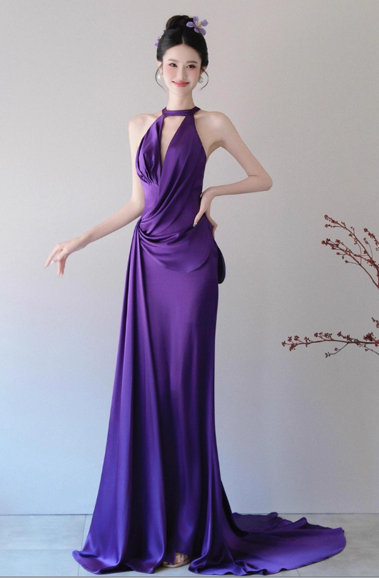 Elegant Purple V-neck Prom Dress Satin Evening Gown Sheath Party Dress Trailing Long Formal Dress DP6814