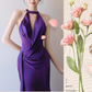 Elegant Purple V-neck Prom Dress Satin Evening Gown Sheath Party Dress Trailing Long Formal Dress DP6814