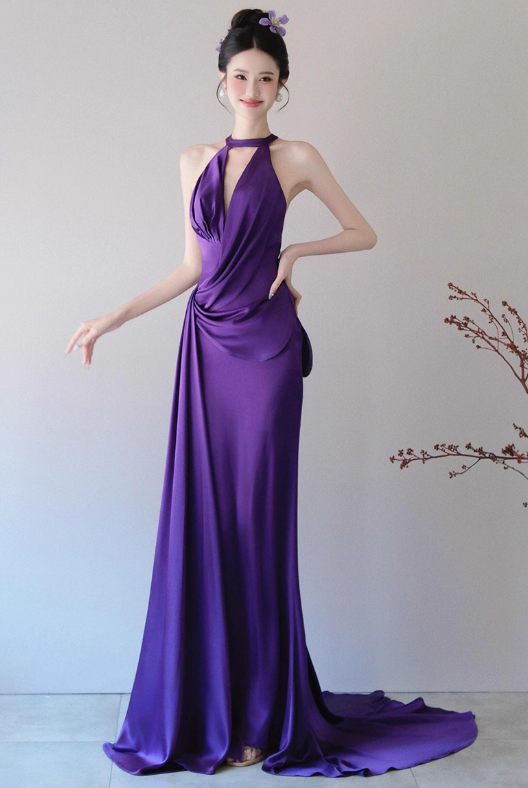 Elegant Purple V-neck Prom Dress Satin Evening Gown Sheath Party Dress Trailing Long Formal Dress DP6814