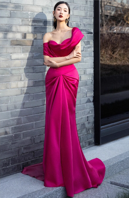 Elegant Hot Pink Off-the-shoulder Prom Dress Satin Evening Gown Mermaid Party Dress Trailing Long Formal Dress DP6810
