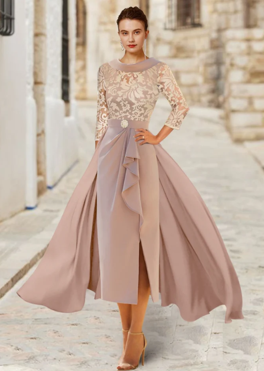 Elegant A-Line Scoop Neck Mother of Bride Dress Ruffled Ruching Evening Gown Satin Ankle Length Formal Dress DP6846