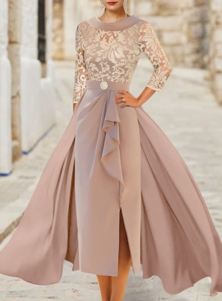 Elegant A-Line Scoop Neck Mother of Bride Dress Ruffled Ruching Evening Gown Satin Ankle Length Formal Dress DP6846
