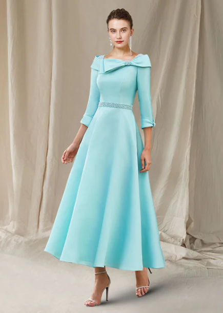Elegant A-Line Bateau Neck Mother of Bride Dress Sash Ribbon Bow Evening Gown Satin Ankle Length Formal Dress DP6845