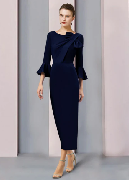 Elegant Navy Blue Sheath Bell Sleeve Mother of Bride Dress Scoop Neck Evening Gown Ankle Length Formal Dress DP6844