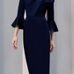 Elegant Navy Blue Sheath Bell Sleeve Mother of Bride Dress Scoop Neck Evening Gown Ankle Length Formal Dress DP6844