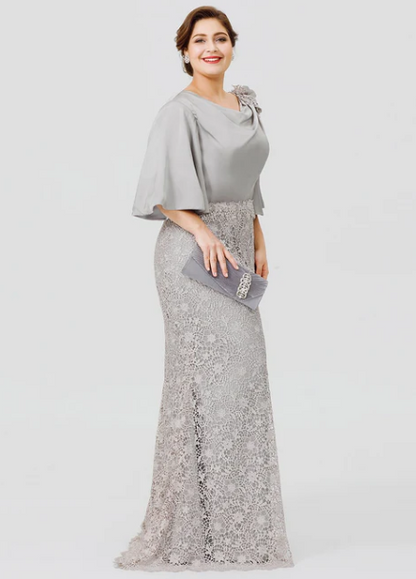 Elegant Lace Half Sleeve Cowl Neck Mother of Bride Dress Sheath Evening Gown Long Formal Dress DP6842