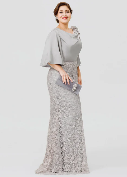 Elegant Lace Half Sleeve Cowl Neck Mother of Bride Dress Sheath Evening Gown Long Formal Dress DP6842