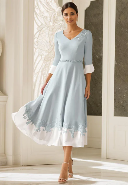 Elegant Appliqued Half Sleeve Mother of Bride Dress A-Line Evening Gown Tea Length Formal Dress DP6841