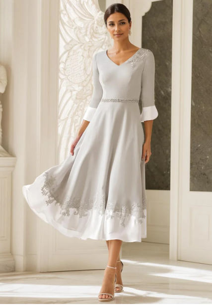 Elegant Appliqued Half Sleeve Mother of Bride Dress A-Line Evening Gown Tea Length Formal Dress DP6841