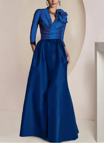 Vintage A-Line V-neck Mother of Bride Dress Long-sleeved Evening Gown Long Formal Dress DP6839