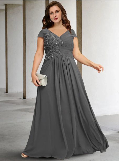 Elegant Gray A-Line V-neck Beaded Mother of Bride Dress Beaded Evening Gown Chiffon Ankle Length Formal Dress DP6847