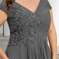 Elegant Gray A-Line V-neck Beaded Mother of Bride Dress Beaded Evening Gown Chiffon Ankle Length Formal Dress DP6847