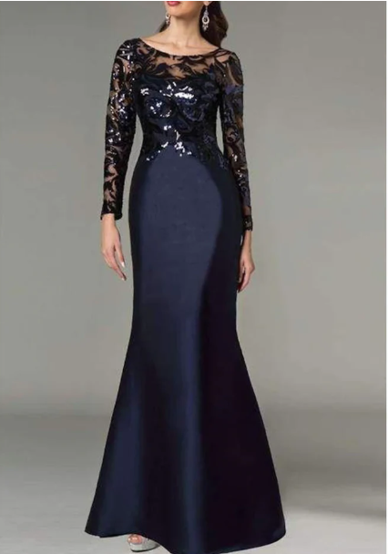 Elegant Navy Blue Mermaid Sequin Mother of Bride Dress Jewel Neck Evening Gown Long Formal Dress DP6851