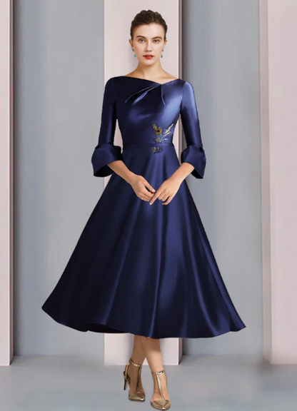 Elegant Embroidery Satin A-Line Mother of Bride Dress Bateau Neck Evening Gown Tea Length Formal Dress DP6849