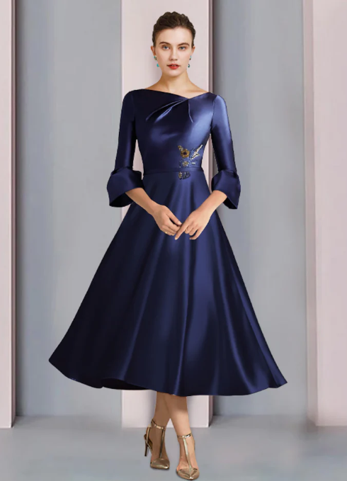 Elegant Embroidery Satin A-Line Mother of Bride Dress Bateau Neck Evening Gown Tea Length Formal Dress DP6849