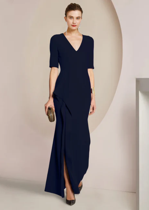 Elegant Navy Blue Sheath V-neck Mother of Bride Dress Slit Evening Gown Long Formal Dress DP6848