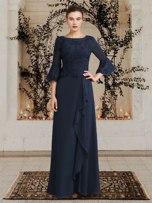 Elegant Navy Blue Embroidery Mother of Bride Dress Jewel Neck Evening Gown Ruffled Long Formal Dress DP6852