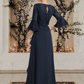 Elegant Navy Blue Embroidery Mother of Bride Dress Jewel Neck Evening Gown Ruffled Long Formal Dress DP6852