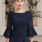 Elegant Navy Blue Embroidery Mother of Bride Dress Jewel Neck Evening Gown Ruffled Long Formal Dress DP6852