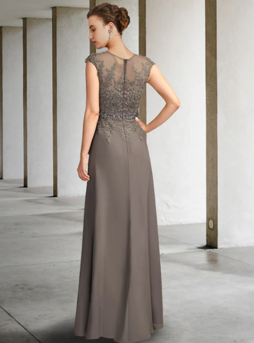 Vintage V-neck Chiffon Applique Mother of Bride Dress Cap Sleeve Evening Gown Floor Length Formal Dress DP6860