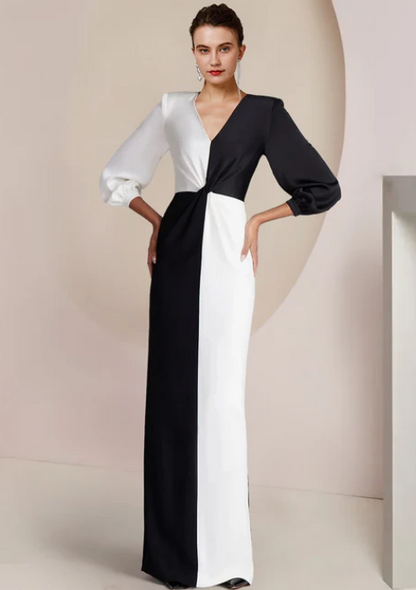 Vintage Sheath V-neck Satin Mother of Bride Dress Long Sleeve Evening Gown Floor Length Formal Dress DP6859