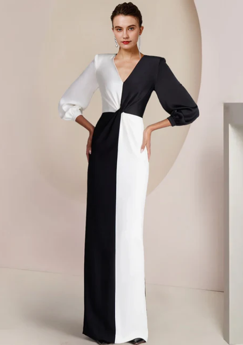 Vintage Sheath V-neck Satin Mother of Bride Dress Long Sleeve Evening Gown Floor Length Formal Dress DP6859