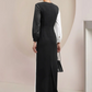 Vintage Sheath V-neck Satin Mother of Bride Dress Long Sleeve Evening Gown Floor Length Formal Dress DP6859
