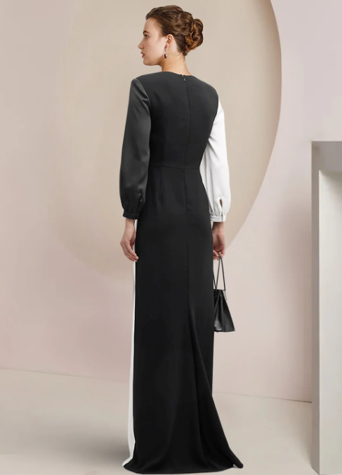 Vintage Sheath V-neck Satin Mother of Bride Dress Long Sleeve Evening Gown Floor Length Formal Dress DP6859