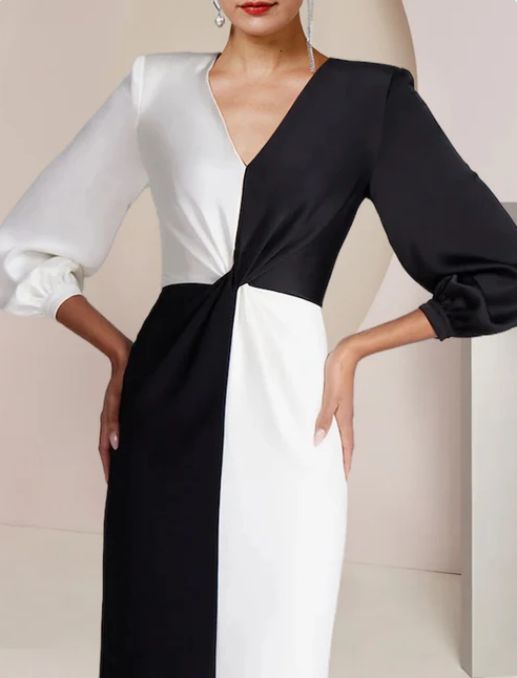 Vintage Sheath V-neck Satin Mother of Bride Dress Long Sleeve Evening Gown Floor Length Formal Dress DP6859