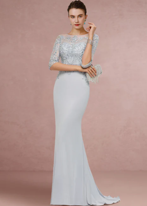 Vintage Sheath Scoop Neck Lace Sequined  Mother of Bride Dress Half Sleeve Evening Gown Long Formal Dress DP6858