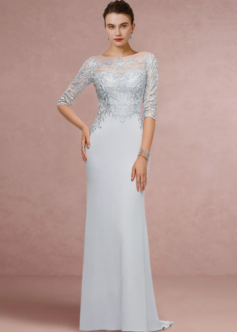 Vintage Sheath Scoop Neck Lace Sequined  Mother of Bride Dress Half Sleeve Evening Gown Long Formal Dress DP6858