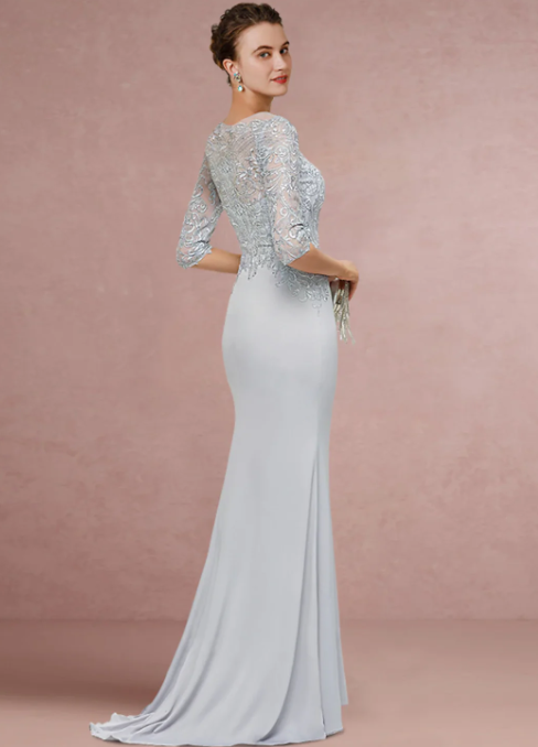 Vintage Sheath Scoop Neck Lace Sequined  Mother of Bride Dress Half Sleeve Evening Gown Long Formal Dress DP6858