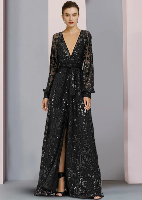 Elegant Black V-neck A-Line Lace Sequined Mother of Bride Dress Long-sleeved Evening Gown Long Formal Dress DP6857