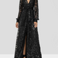 Elegant Black V-neck A-Line Lace Sequined Mother of Bride Dress Long-sleeved Evening Gown Long Formal Dress DP6857
