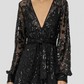 Elegant Black V-neck A-Line Lace Sequined Mother of Bride Dress Long-sleeved Evening Gown Long Formal Dress DP6857