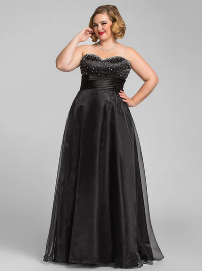 Robe de soirée longue noire élégante, coupe trapèze, décolletée en cœur, ornée de perles, sans bretelles, pour mère de la mariée, DP6856