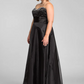 Robe de soirée longue noire élégante, coupe trapèze, décolletée en cœur, ornée de perles, sans bretelles, pour mère de la mariée, DP6856