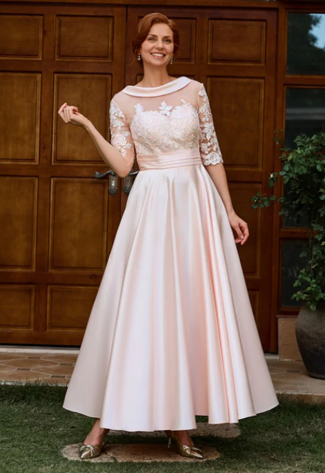 Elegant Pink Satin Mother of Bride Dress Half Sleeve Lace Evening Gown Ankle Length Formal Dress DP6854