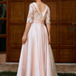 Robe de soirée élégante en satin rose pour mère de la mariée, manches mi-longues, en dentelle, longueur cheville, DP6854