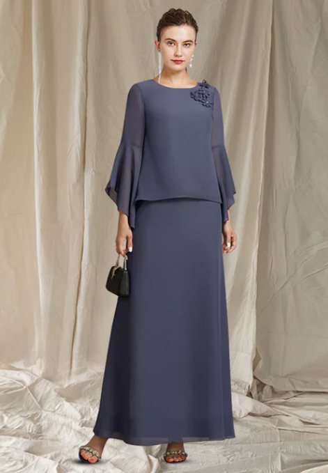 Elegant Chiffon Long-sleeved Two Piece Mother of Bride Dress Jewel Neck Evening Gown Long Formal Dress DP6853