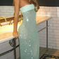 Vintage Turquoise Glittering Sequin Prom Dress Sheath Evening Dress Strapless Party Dress Long Formal Dress DP6872