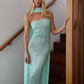 Vintage Turquoise Glittering Sequin Prom Dress Sheath Evening Dress Strapless Party Dress Long Formal Dress DP6872