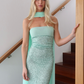 Vintage Turquoise Glittering Sequin Prom Dress Sheath Evening Dress Strapless Party Dress Long Formal Dress DP6872