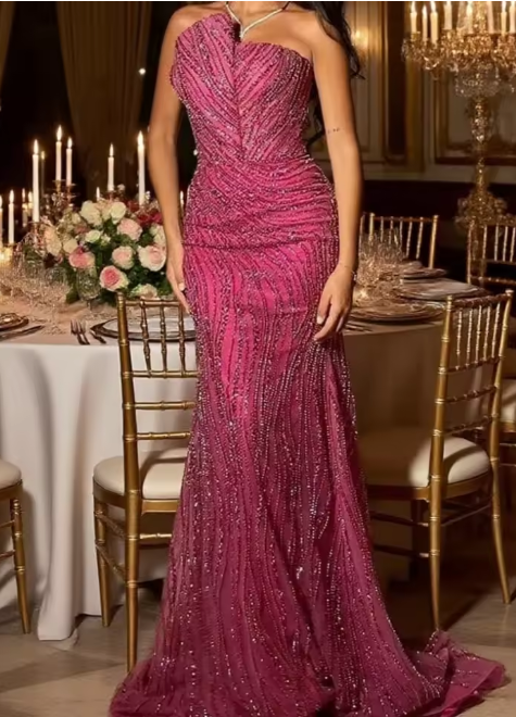 Vintage Fuchsia Glittering Sequin Prom Dress Mermaid Evening Gown Strapless Party Dress Long Formal Dress DP6887