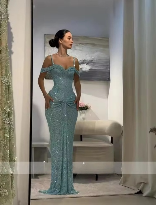 Vintage Glittering Sequin Prom Dress Sheath Sweetheart Evening Gown Spaghetti Strap Party Dress Long Formal Dress DP6888