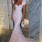 Unique White Mermaid Prom Dress Glittering 3D Flowers Evening Gown Short-sleeved Party Dress Floor-length Formal Dress DP6879