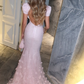 Unique White Mermaid Prom Dress Glittering 3D Flowers Evening Gown Short-sleeved Party Dress Floor-length Formal Dress DP6879