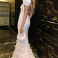 Unique White Mermaid Prom Dress Glittering 3D Flowers Evening Gown Short-sleeved Party Dress Floor-length Formal Dress DP6879